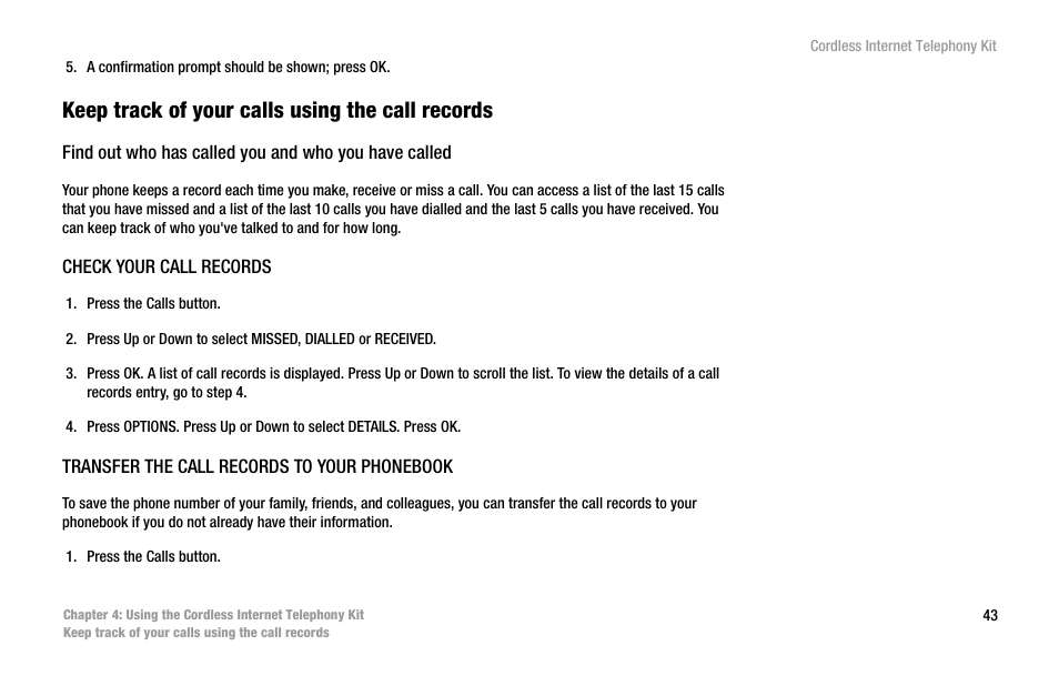 Keep track of your calls using the call records | Linksys CIT200 User Manual | Page 50 / 100