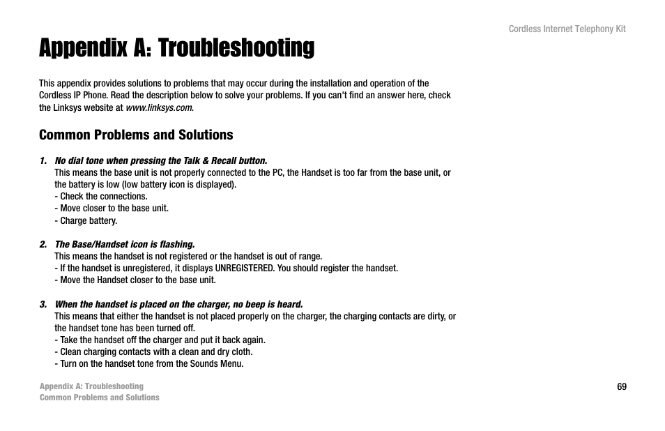 Appendix a: troubleshooting, Common problems and solutions | Linksys CIT200 User Manual | Page 76 / 100
