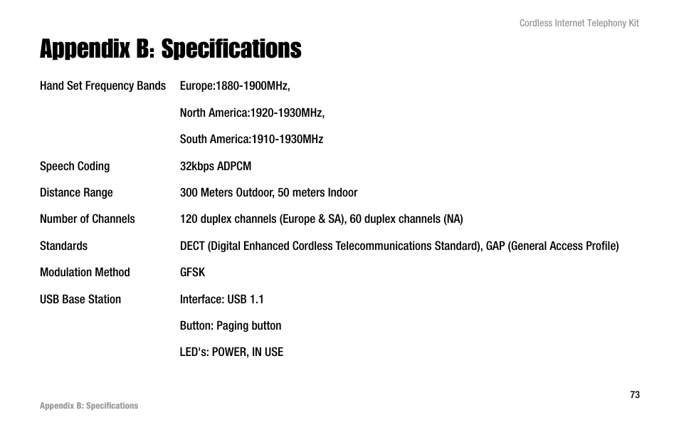 Appendix b: specifications | Linksys CIT200 User Manual | Page 80 / 100