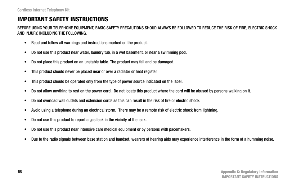 Important safety instructions | Linksys CIT200 User Manual | Page 87 / 100