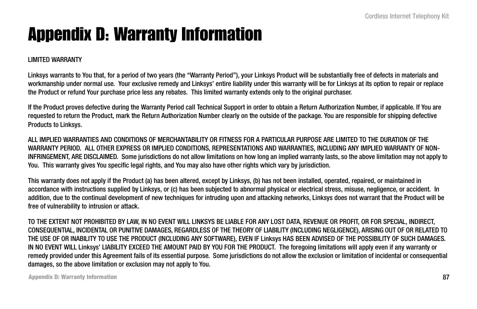 Appendix d: warranty information | Linksys CIT200 User Manual | Page 94 / 100