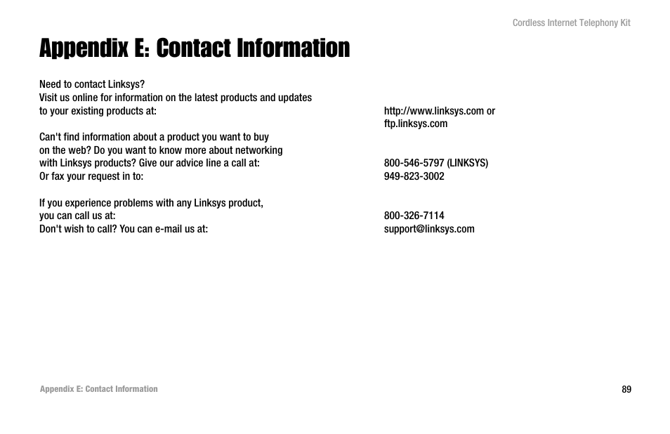 Appendix e: contact information | Linksys CIT200 User Manual | Page 96 / 100