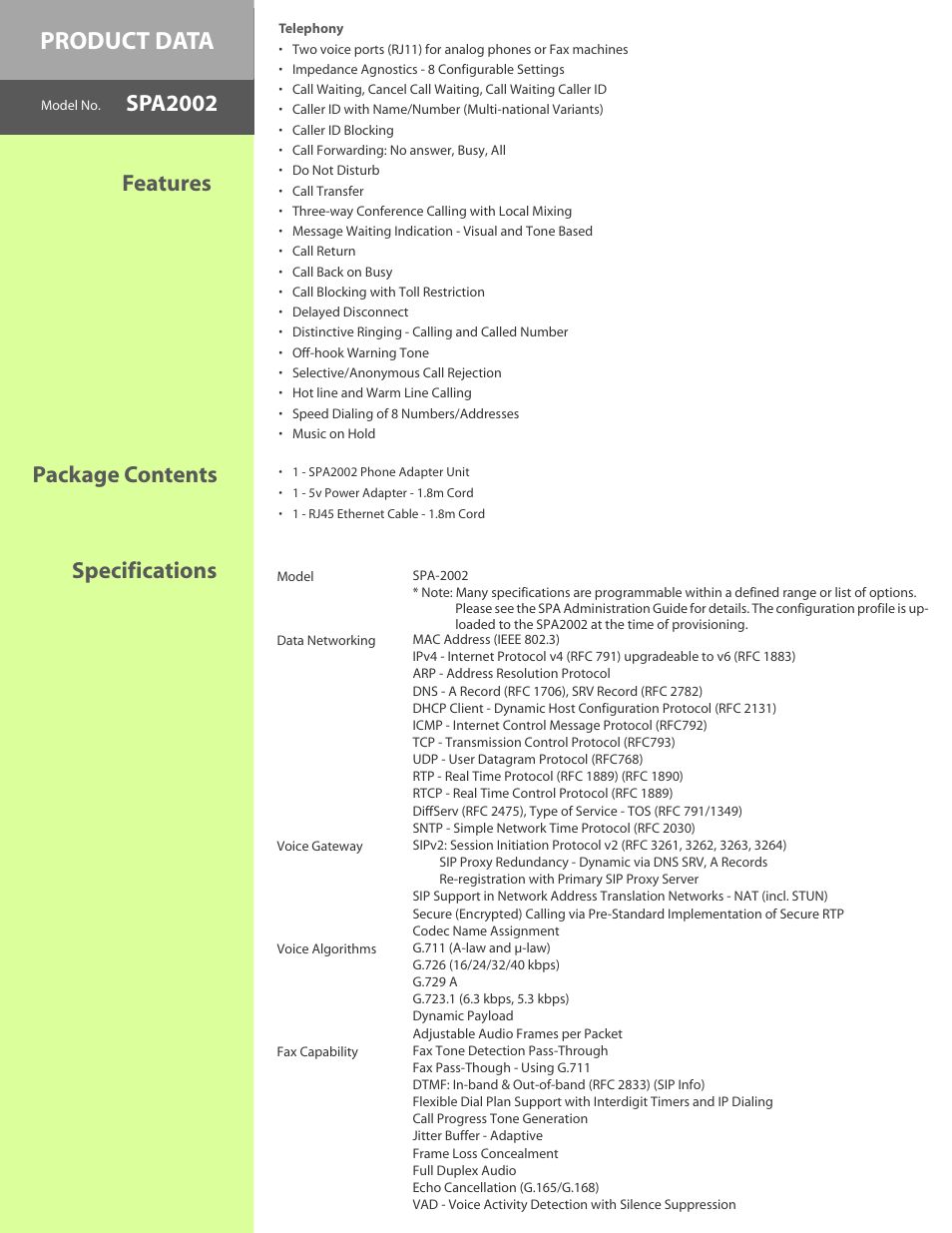 Product data, Features spa2002, Package contents | Specifications | Linksys SPA2002 User Manual | Page 2 / 4