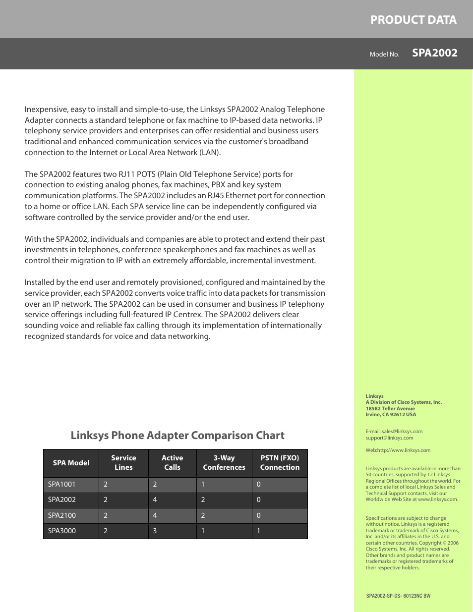 Product data, Spa2002, Linksys phone adapter comparison chart | Linksys SPA2002 User Manual | Page 4 / 4