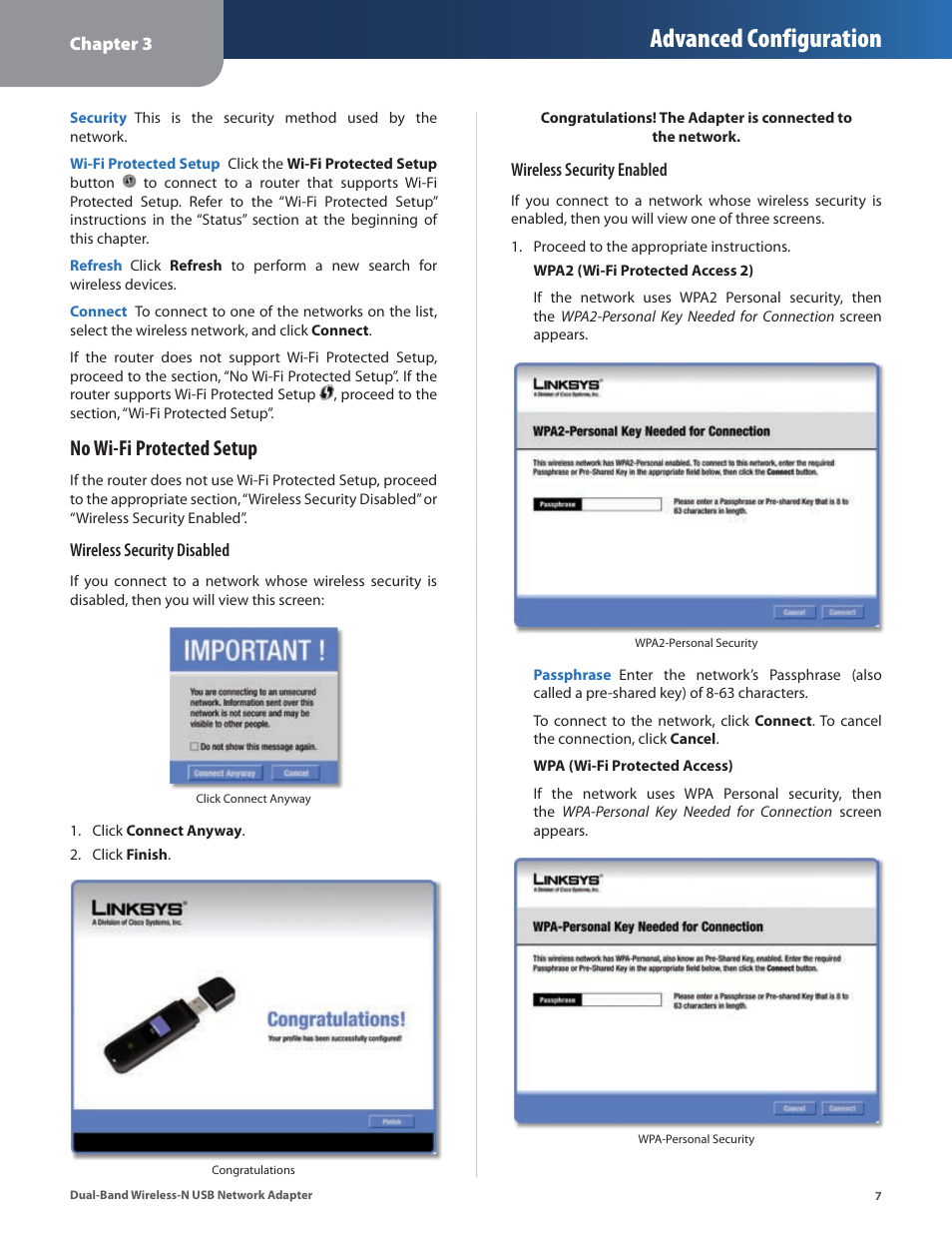 Advanced configuration, No wi-fi protected setup | Linksys DUAL-BAND WIRELESS-N WUSB600N User Manual | Page 10 / 53