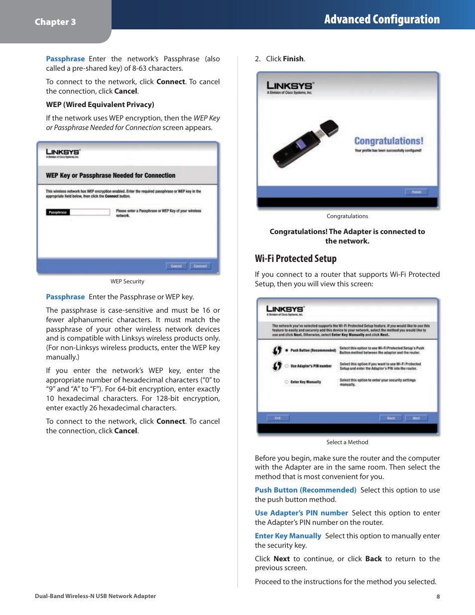 Advanced configuration, Wi-fi protected setup | Linksys DUAL-BAND WIRELESS-N WUSB600N User Manual | Page 11 / 53