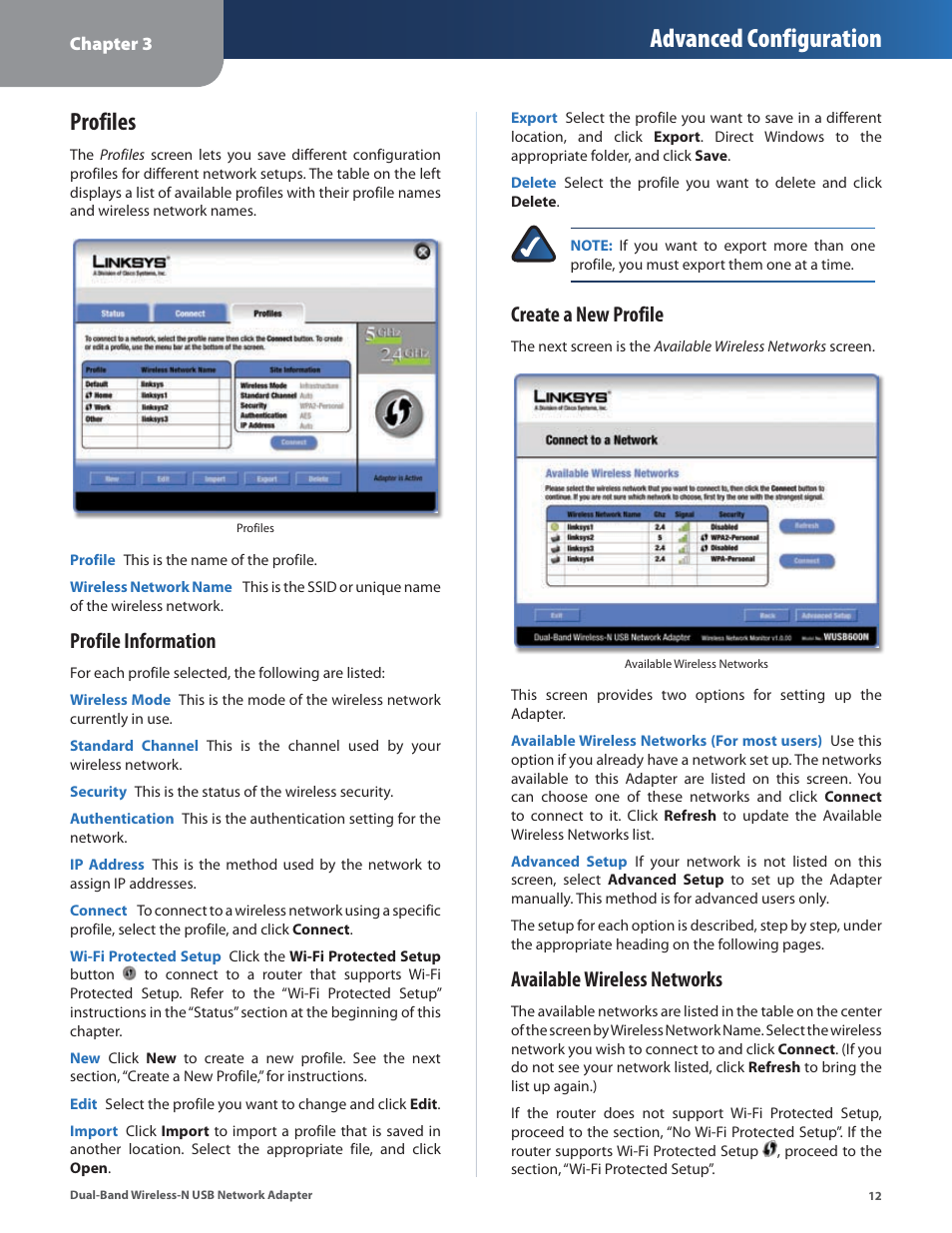 Profiles, Advanced configuration, Profile information | Create a new profile, Available wireless networks | Linksys DUAL-BAND WIRELESS-N WUSB600N User Manual | Page 15 / 53