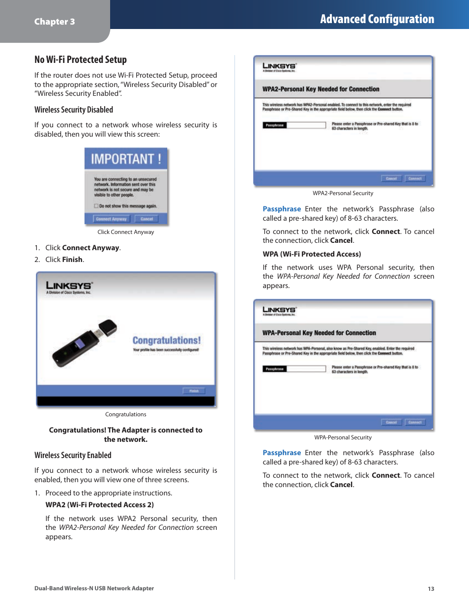 Advanced configuration, No wi-fi protected setup | Linksys DUAL-BAND WIRELESS-N WUSB600N User Manual | Page 16 / 53