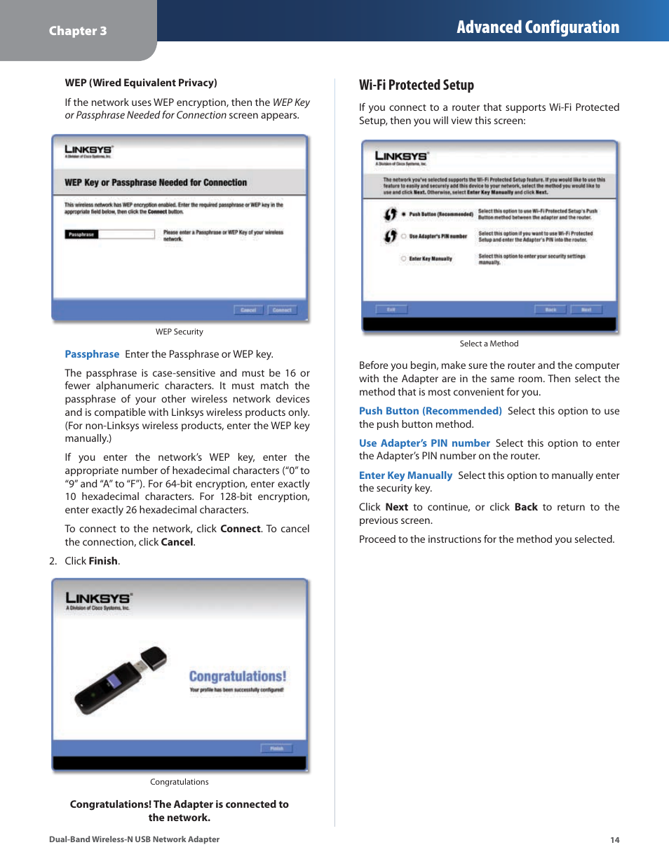 Advanced configuration, Wi-fi protected setup | Linksys DUAL-BAND WIRELESS-N WUSB600N User Manual | Page 17 / 53