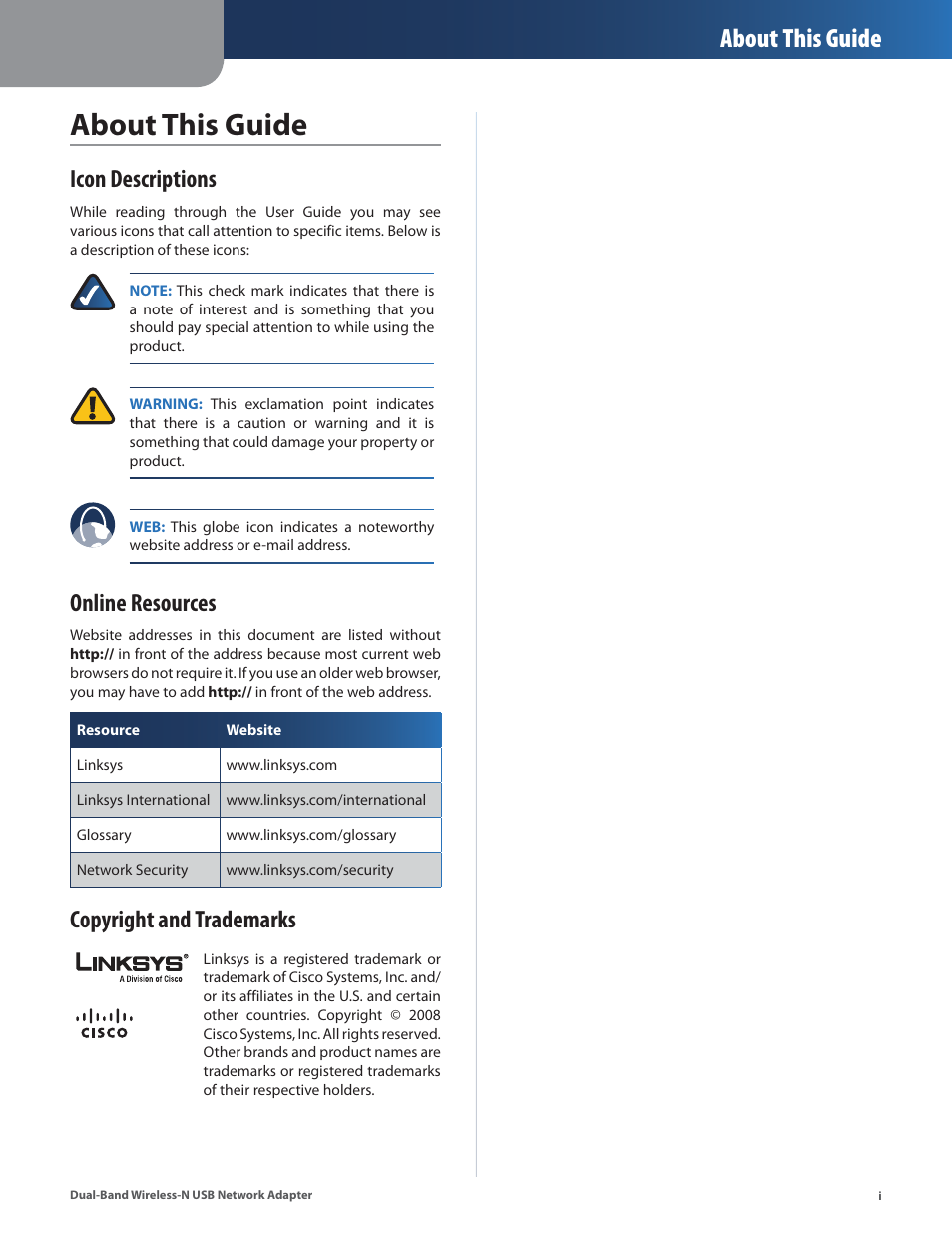 About this guide, Icon descriptions, Online resources | Copyright and trademarks | Linksys DUAL-BAND WIRELESS-N WUSB600N User Manual | Page 2 / 53