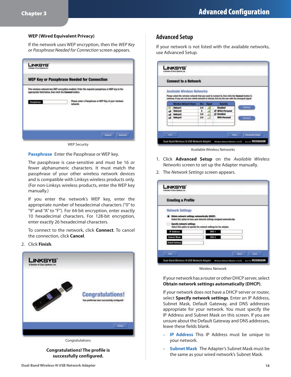 Advanced configuration, Advanced setup | Linksys DUAL-BAND WIRELESS-N WUSB600N User Manual | Page 21 / 53