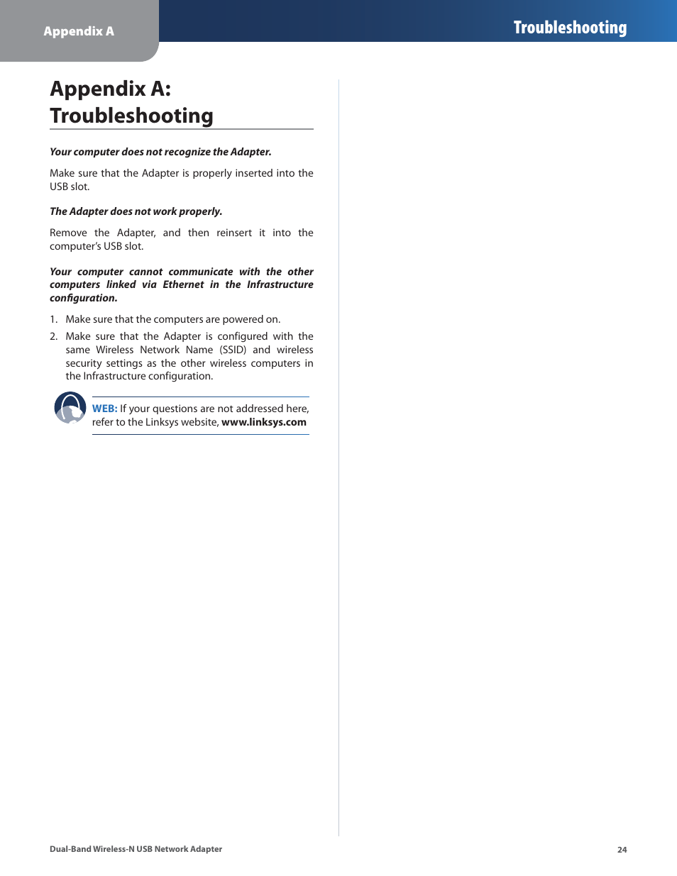 Appendix a: troubleshooting, Troubleshooting | Linksys DUAL-BAND WIRELESS-N WUSB600N User Manual | Page 27 / 53
