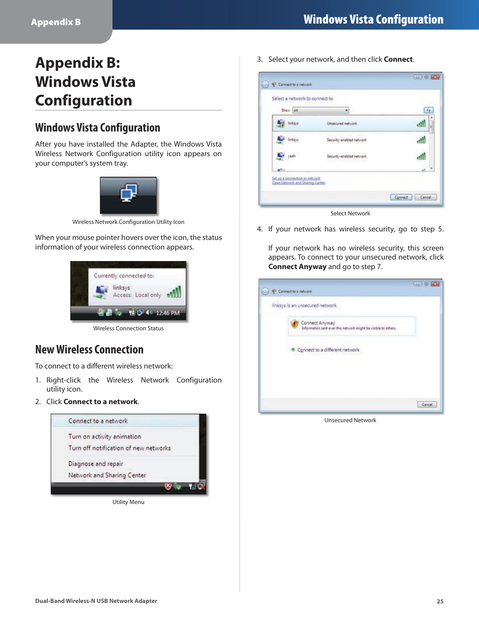 Appendix b: windows vista configuration, Windows vista configuration, New wireless connection | Linksys DUAL-BAND WIRELESS-N WUSB600N User Manual | Page 28 / 53
