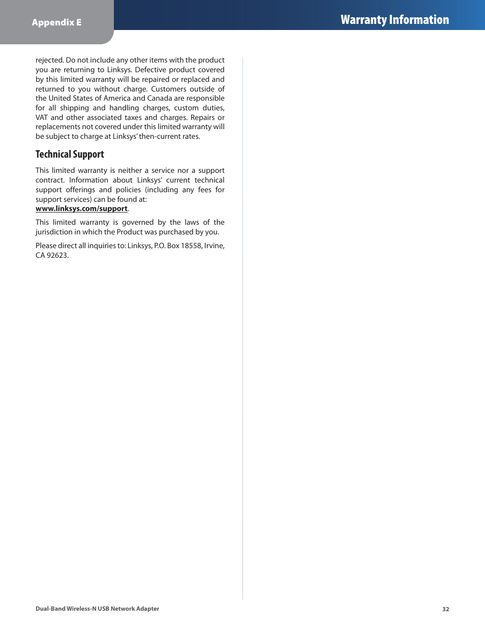 Warranty information, Technical support | Linksys DUAL-BAND WIRELESS-N WUSB600N User Manual | Page 35 / 53