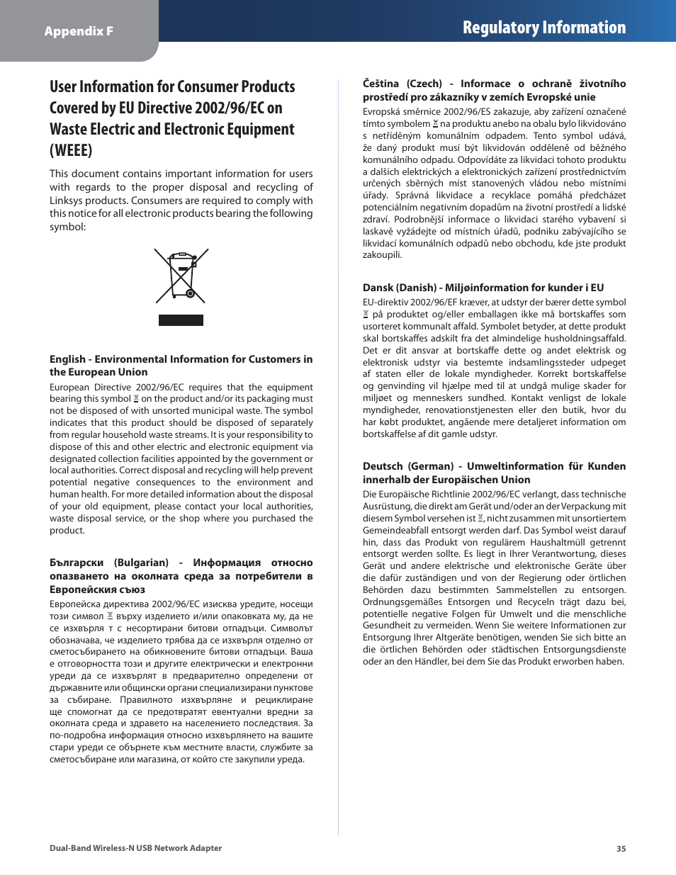Electric and electronic equipment (weee), Regulatory information | Linksys DUAL-BAND WIRELESS-N WUSB600N User Manual | Page 38 / 53