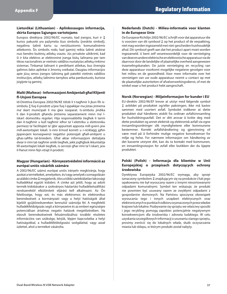 Regulatory information, Appendix f | Linksys DUAL-BAND WIRELESS-N WUSB600N User Manual | Page 40 / 53