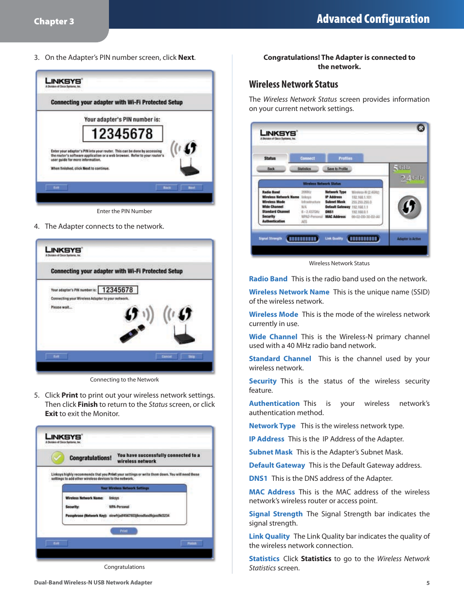 Advanced configuration, Wireless network status | Linksys DUAL-BAND WIRELESS-N WUSB600N User Manual | Page 8 / 53