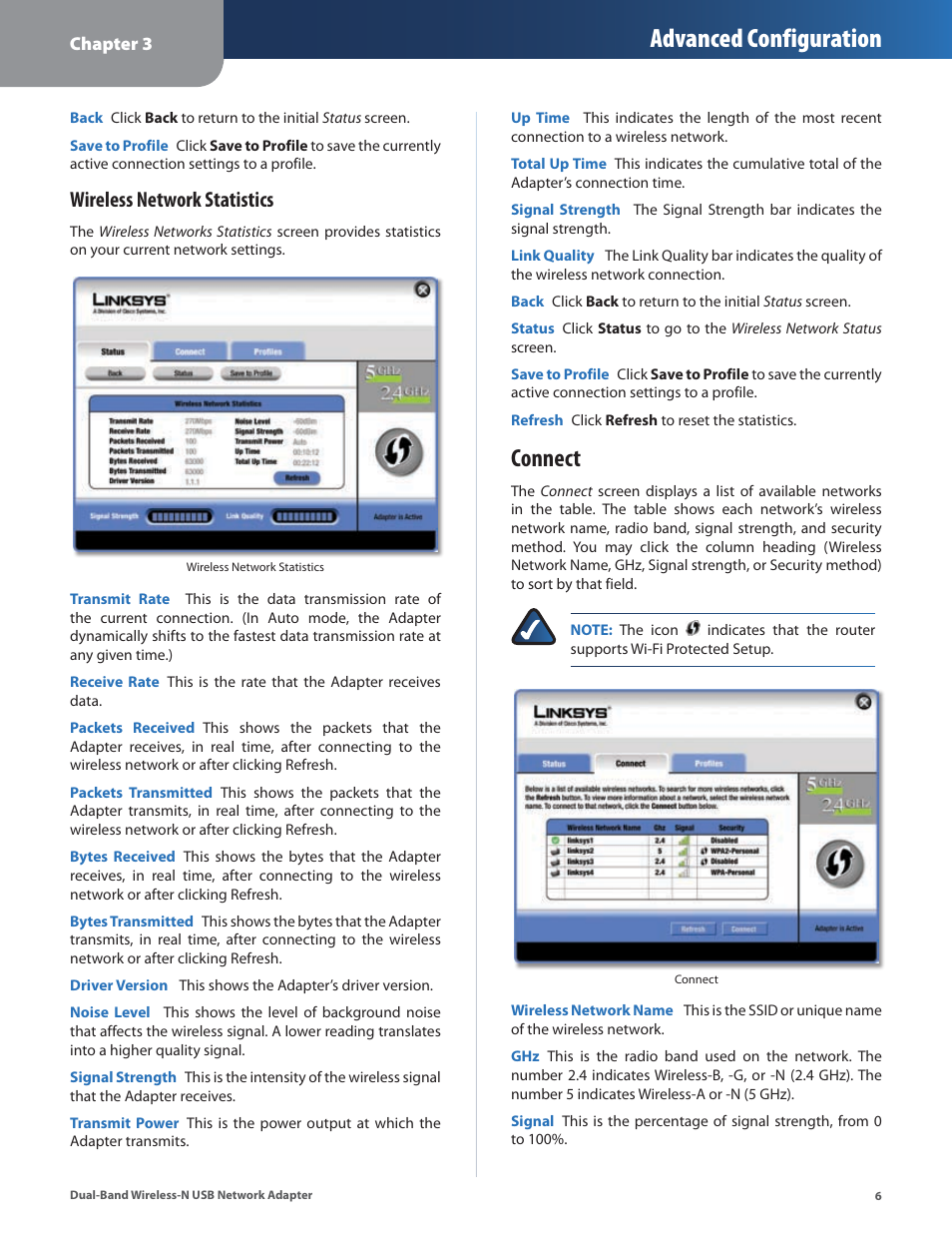 Connect, Advanced configuration, Wireless network statistics | Linksys DUAL-BAND WIRELESS-N WUSB600N User Manual | Page 9 / 53