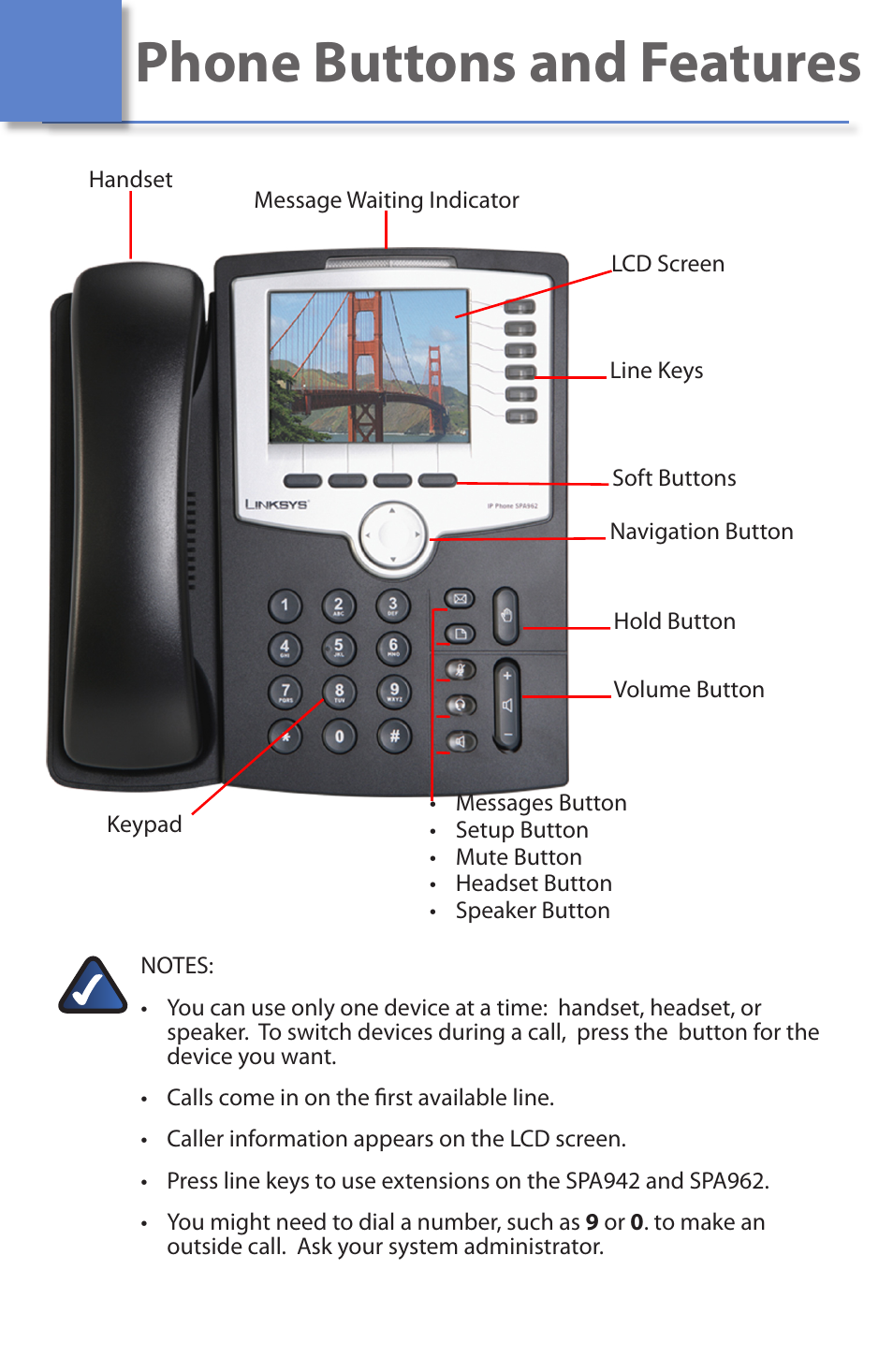 Phone buttons and features | Linksys SPA942 User Manual | Page 2 / 6