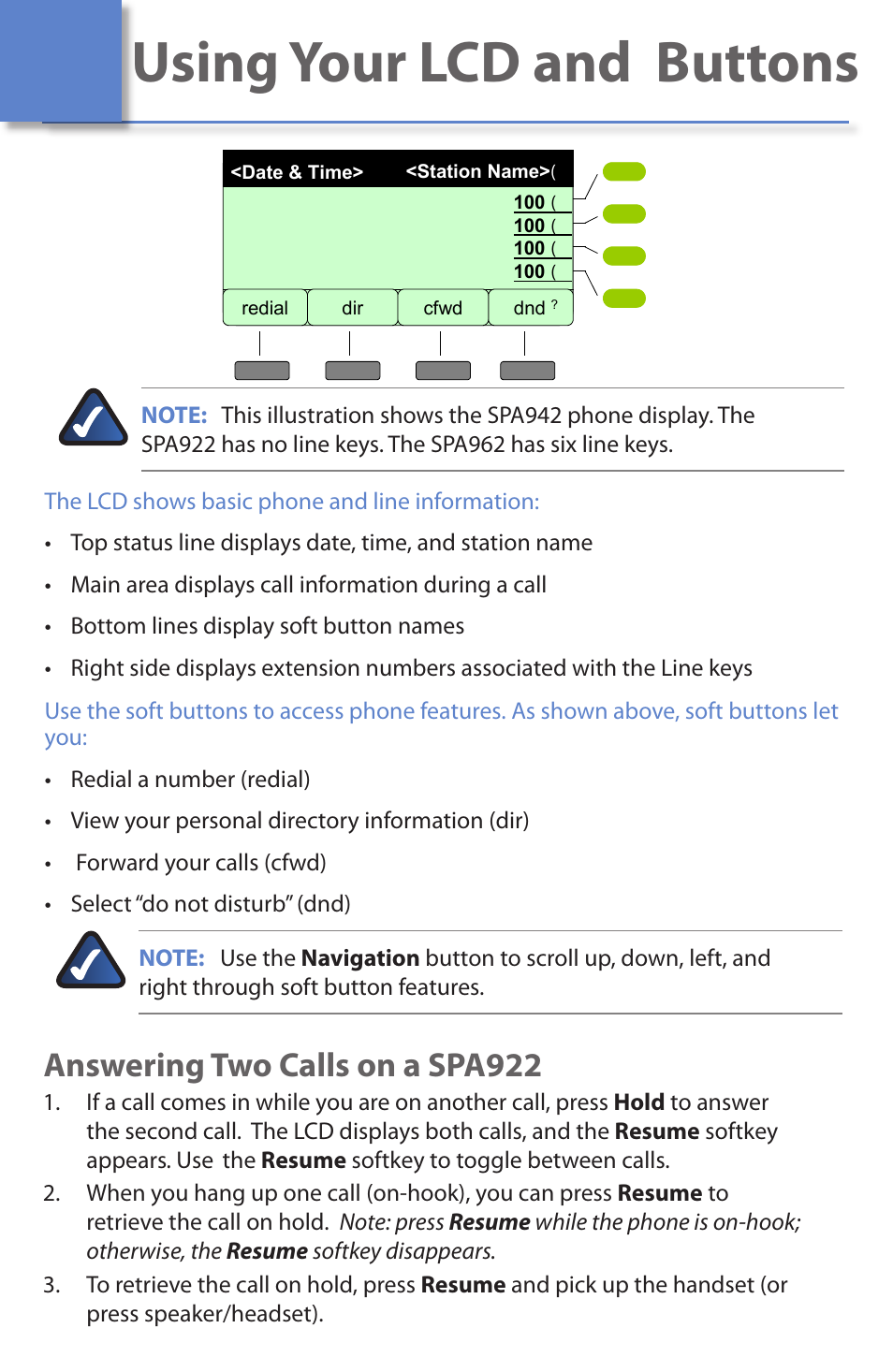 Using your lcd and buttons, Answering two calls on a spa922 | Linksys SPA942 User Manual | Page 4 / 6