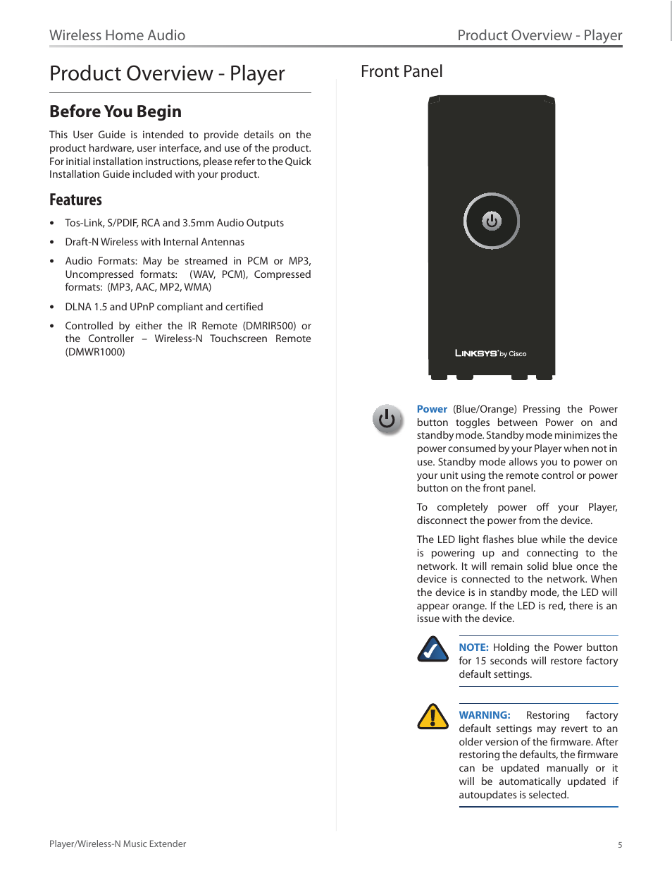 Product overview - player, Before you begin, Front panel | Before you begin 5 front panel 5, Features, Wireless home audio | Linksys Player / Wireless-N Music Extender DMP100 User Manual | Page 12 / 60