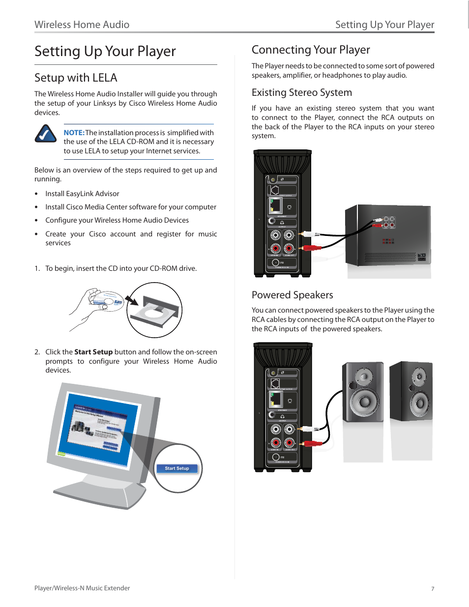 Setting up your player, Setup with lela, Connecting your player | Existing stereo system, Powered speakers, Setup with lela 7 connecting your player 7, Existing stereo system powered speakers, Wireless home audio | Linksys Player / Wireless-N Music Extender DMP100 User Manual | Page 14 / 60