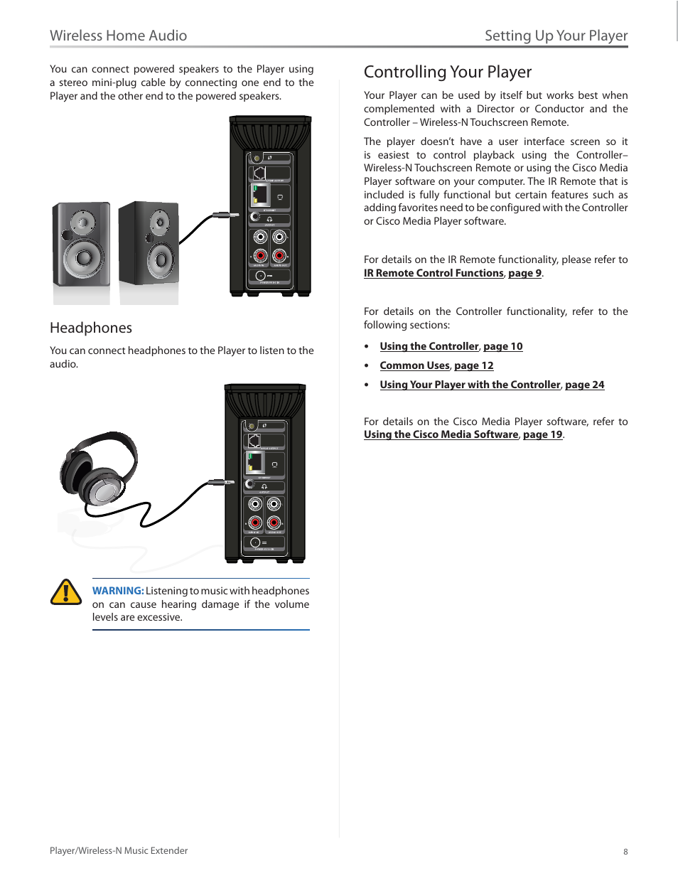 Headphones, Controlling your player, Controlling your player 8 | Setting up your player, Wireless home audio | Linksys Player / Wireless-N Music Extender DMP100 User Manual | Page 15 / 60