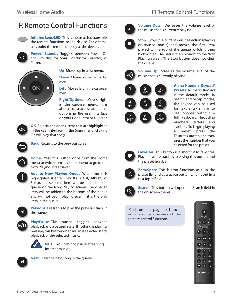 Ir remote control functions, Wireless home audio | Linksys Player / Wireless-N Music Extender DMP100 User Manual | Page 16 / 60