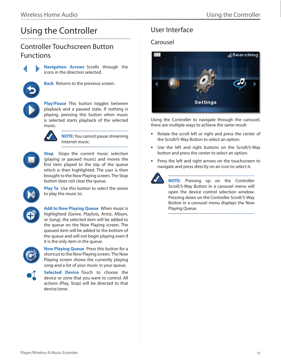 Using the controller, Controller touchscreen button functions, User interface | Carousel, Wireless home audio | Linksys Player / Wireless-N Music Extender DMP100 User Manual | Page 17 / 60