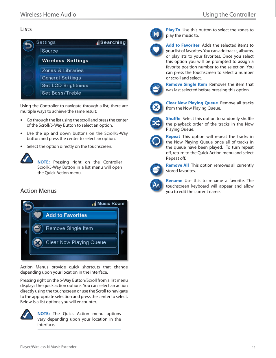 Lists, Action menus, Lists action menus | Using the controller, Wireless home audio lists | Linksys Player / Wireless-N Music Extender DMP100 User Manual | Page 18 / 60