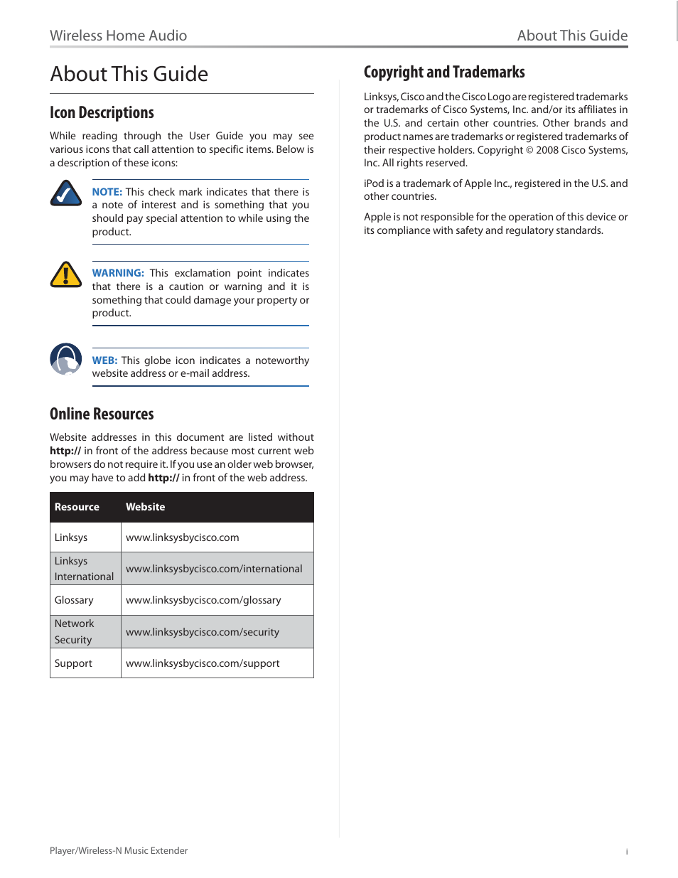 About this guide, Icon descriptions, Online resources | Copyright and trademarks, Wireless home audio | Linksys Player / Wireless-N Music Extender DMP100 User Manual | Page 2 / 60