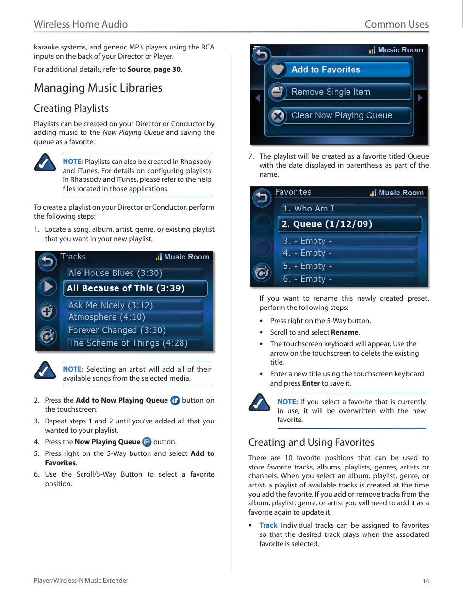 Managing music libraries, Creating playlists, Creating and using favorites | Managing music libraries 14, Creating playlists creating and using favorites, Common uses, Wireless home audio | Linksys Player / Wireless-N Music Extender DMP100 User Manual | Page 21 / 60