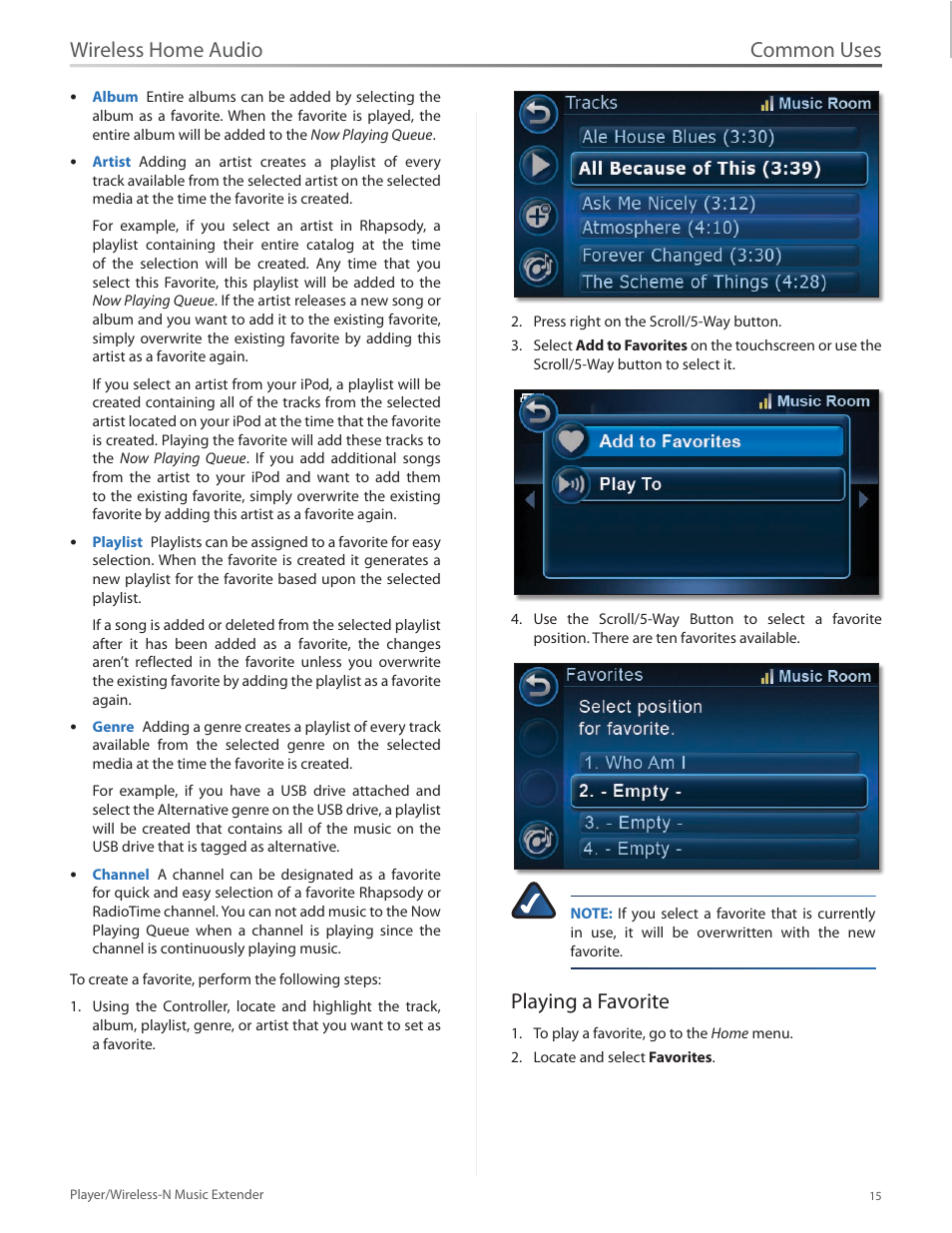 Playing a favorite, Common uses, Wireless home audio | Linksys Player / Wireless-N Music Extender DMP100 User Manual | Page 22 / 60