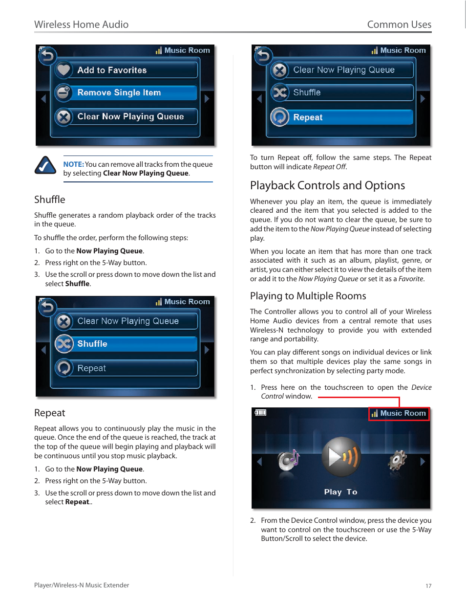Shuffle, Repeat, Playback controls and options | Playing to multiple rooms, Shuffle repeat, Playback controls and options 17, Common uses, Wireless home audio | Linksys Player / Wireless-N Music Extender DMP100 User Manual | Page 24 / 60