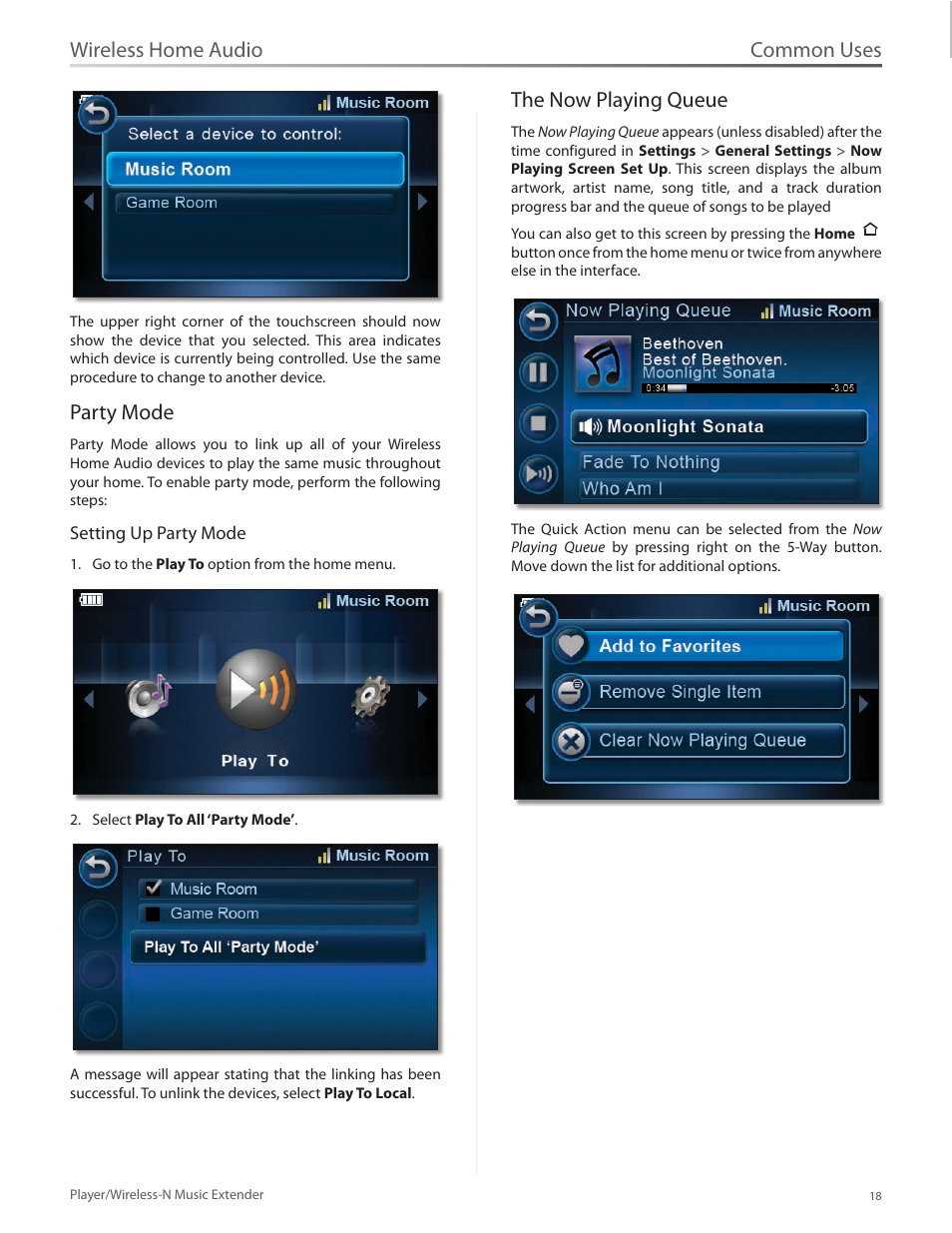 Party mode, The now playing queue, Party mode the now playing queue | Common uses, Wireless home audio | Linksys Player / Wireless-N Music Extender DMP100 User Manual | Page 25 / 60