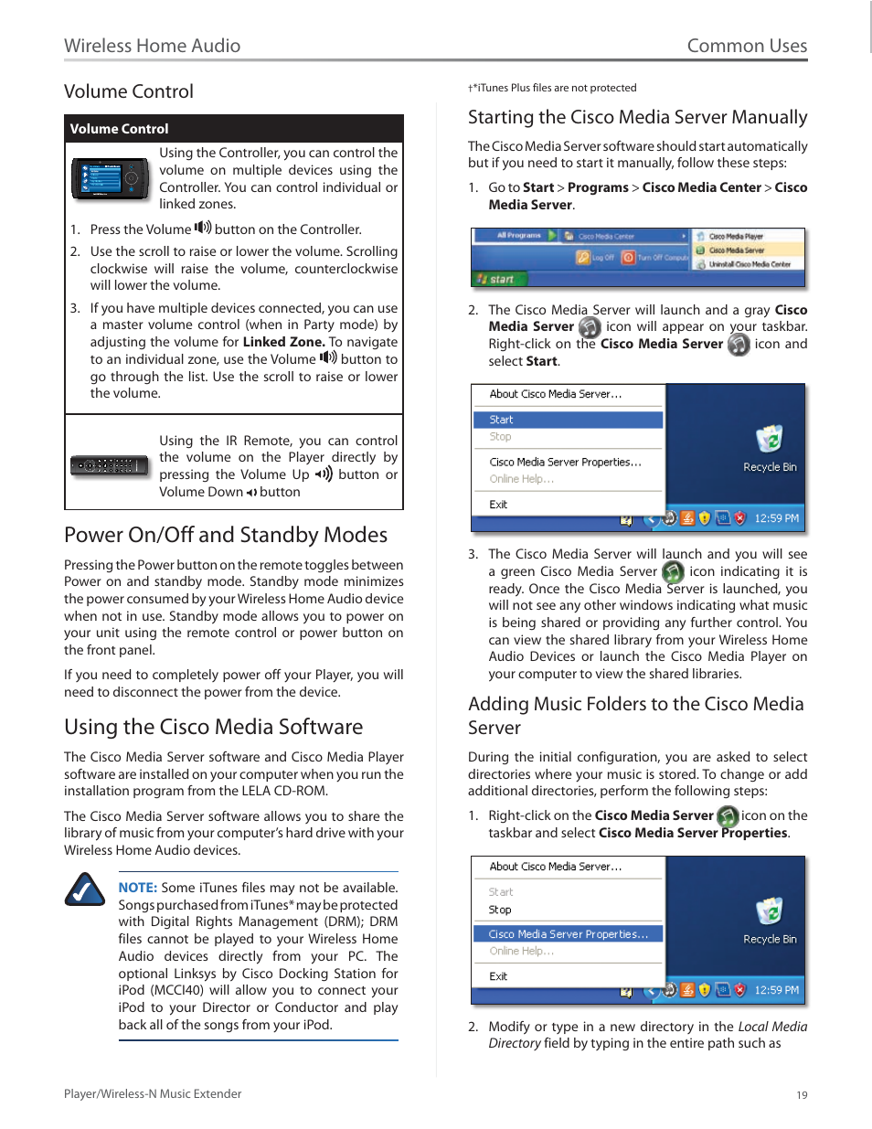 Volume control, Power on/off and standby modes, Using the cisco media software | Starting the cisco media server manually, Adding music folders to the cisco media server, Using the cisco media, Common uses, Wireless home audio volume control | Linksys Player / Wireless-N Music Extender DMP100 User Manual | Page 26 / 60