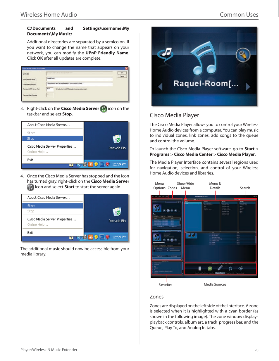Cisco media player, Common uses, Wireless home audio | Linksys Player / Wireless-N Music Extender DMP100 User Manual | Page 27 / 60