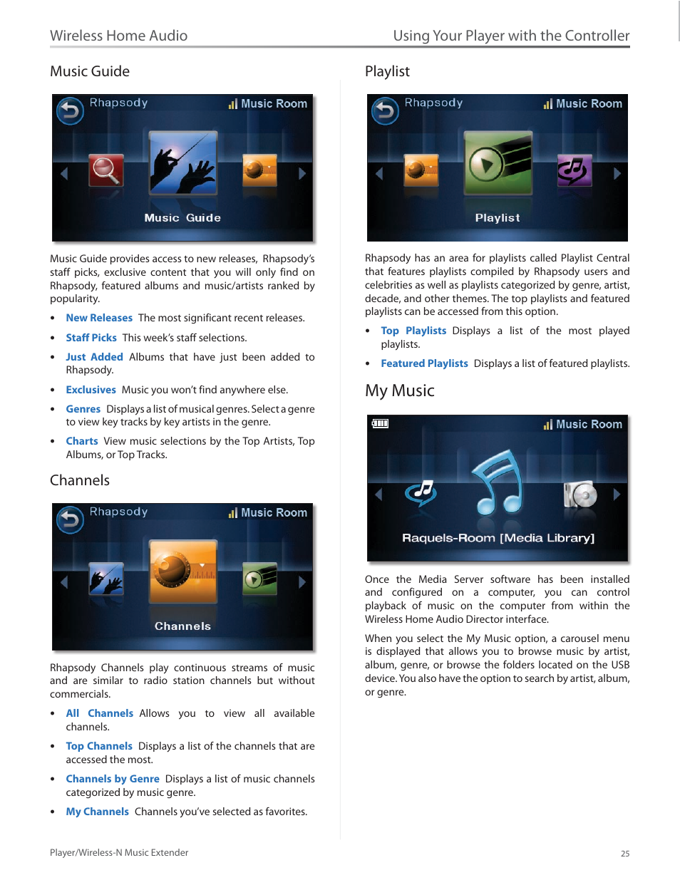 Music guide, Channels, Playlist | My music, Music guide channels playlist, My music 25, Using your player with the controller, Wireless home audio music guide | Linksys Player / Wireless-N Music Extender DMP100 User Manual | Page 32 / 60