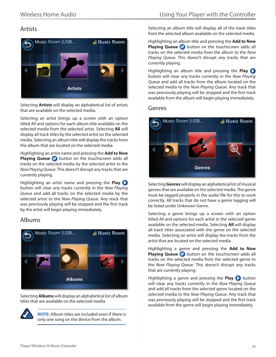 Artists, Albums, Genres | Artists albums genres, Using your player with the controller, Wireless home audio artists | Linksys Player / Wireless-N Music Extender DMP100 User Manual | Page 33 / 60