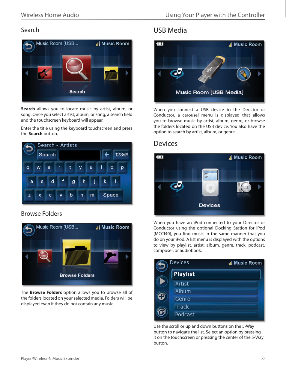 Search, Browse folders, Usb media | Devices, Search browse folders, Usb media 27 devices 27, Using your player with the controller, Wireless home audio search | Linksys Player / Wireless-N Music Extender DMP100 User Manual | Page 34 / 60