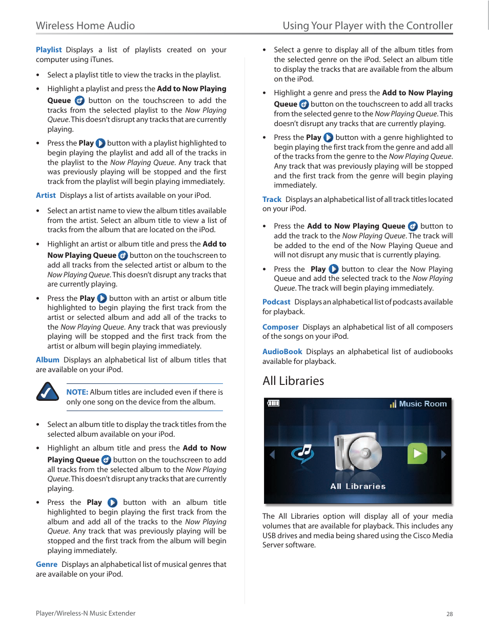 All libraries, All libraries 28, Using your player with the controller | Wireless home audio | Linksys Player / Wireless-N Music Extender DMP100 User Manual | Page 35 / 60