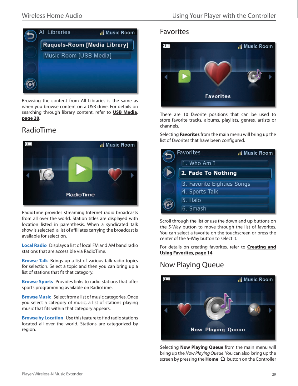 Radiotime, Favorites, Now playing queue | Radiotime 29 favorites 29 now playing queue 29, Using your player with the controller, Wireless home audio | Linksys Player / Wireless-N Music Extender DMP100 User Manual | Page 36 / 60