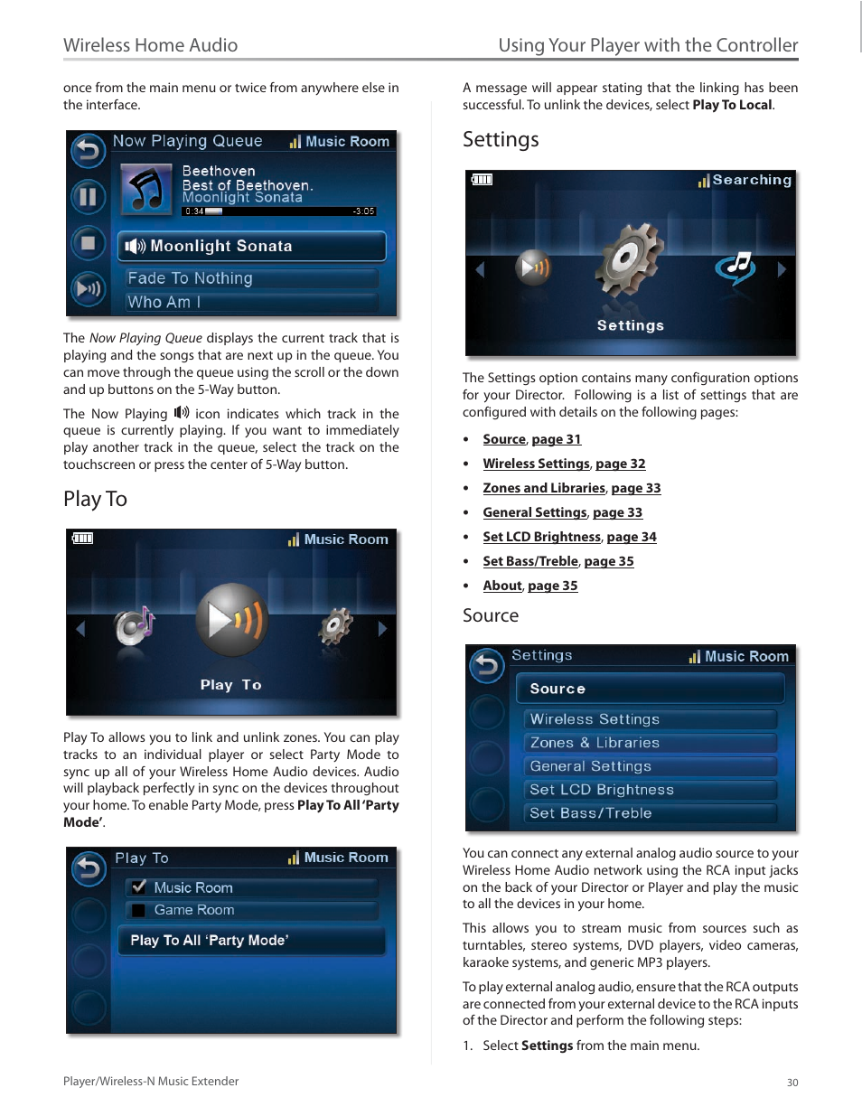 Play to, Settings, Source | Play to 30 settings 30, Using your player with the controller, Wireless home audio | Linksys Player / Wireless-N Music Extender DMP100 User Manual | Page 37 / 60