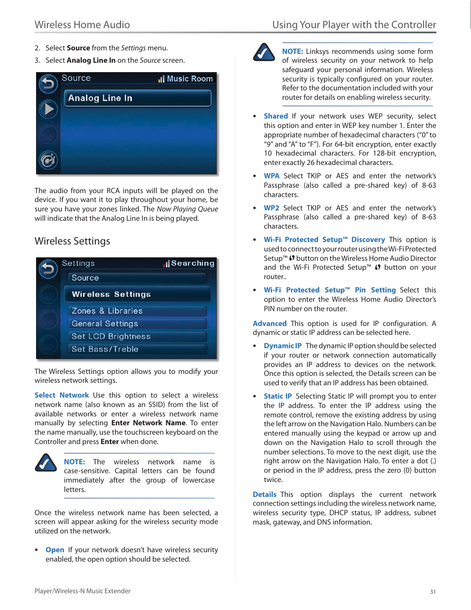 Wireless settings, Using your player with the controller, Wireless home audio | Linksys Player / Wireless-N Music Extender DMP100 User Manual | Page 38 / 60