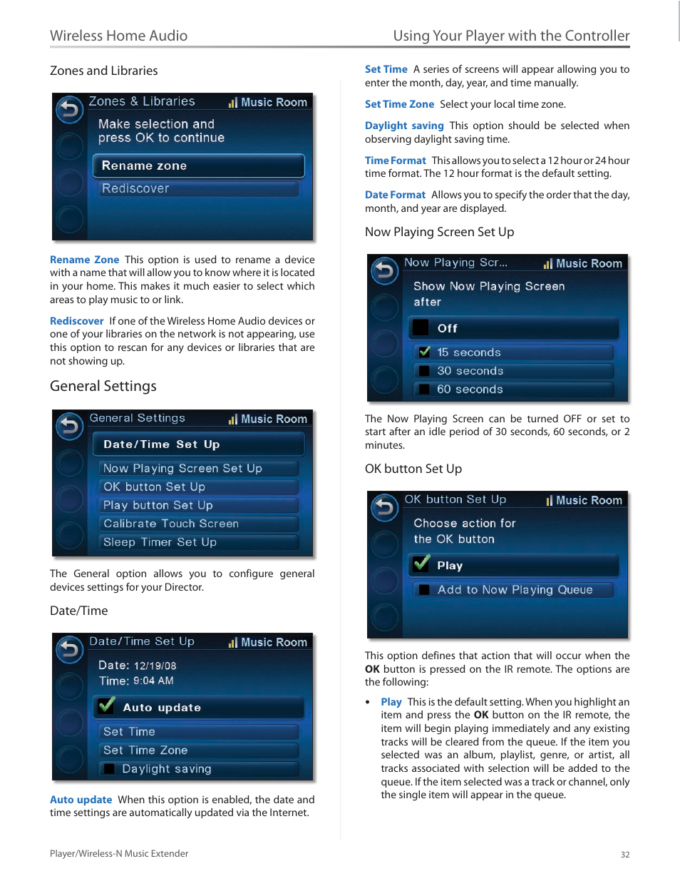 General settings, Using your player with the controller, Wireless home audio | Linksys Player / Wireless-N Music Extender DMP100 User Manual | Page 39 / 60