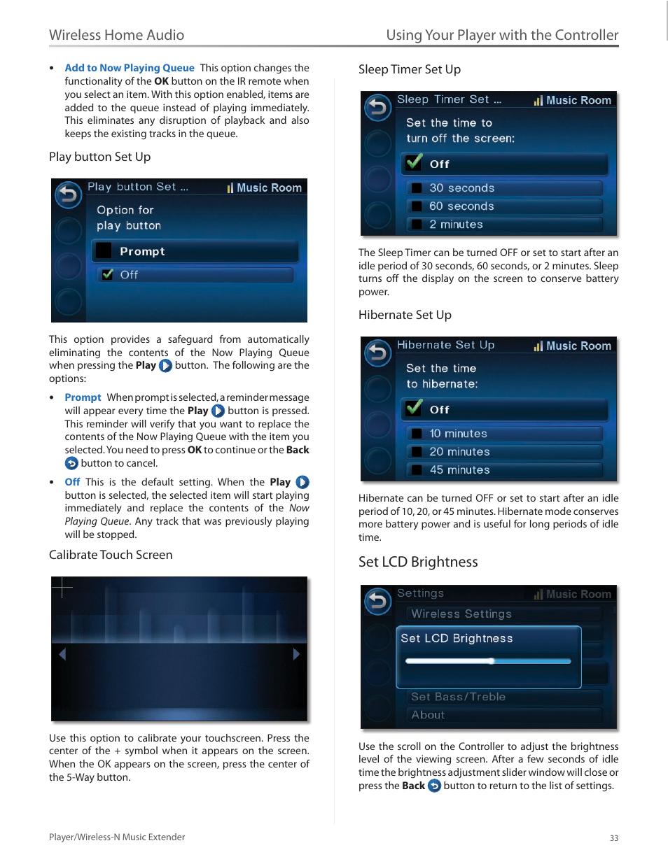 Set lcd brightness, Using your player with the controller, Wireless home audio | Linksys Player / Wireless-N Music Extender DMP100 User Manual | Page 40 / 60