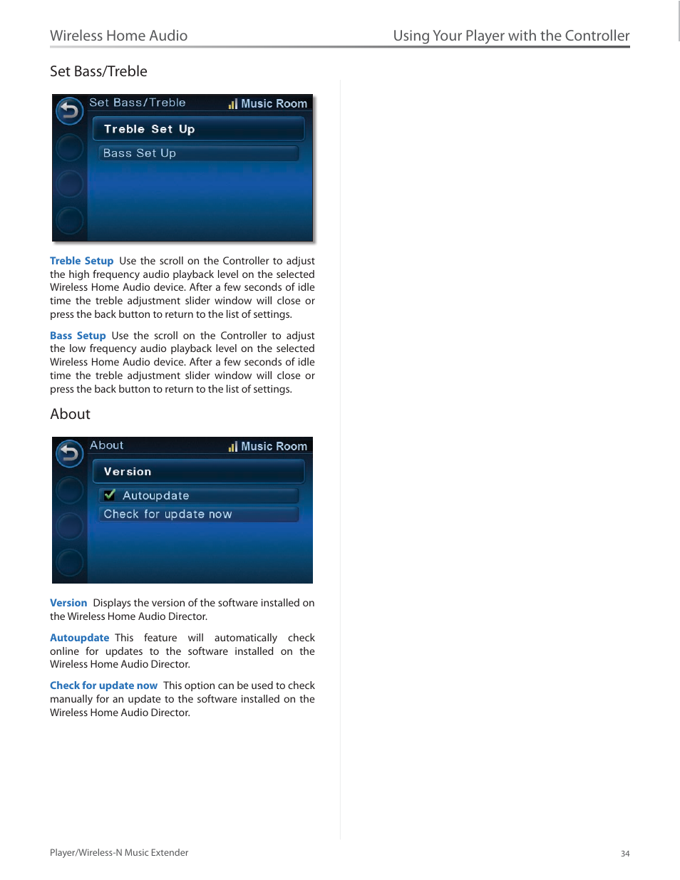 Set bass/treble, About, Set bass/treble about | Using your player with the controller, Wireless home audio set bass/treble | Linksys Player / Wireless-N Music Extender DMP100 User Manual | Page 41 / 60