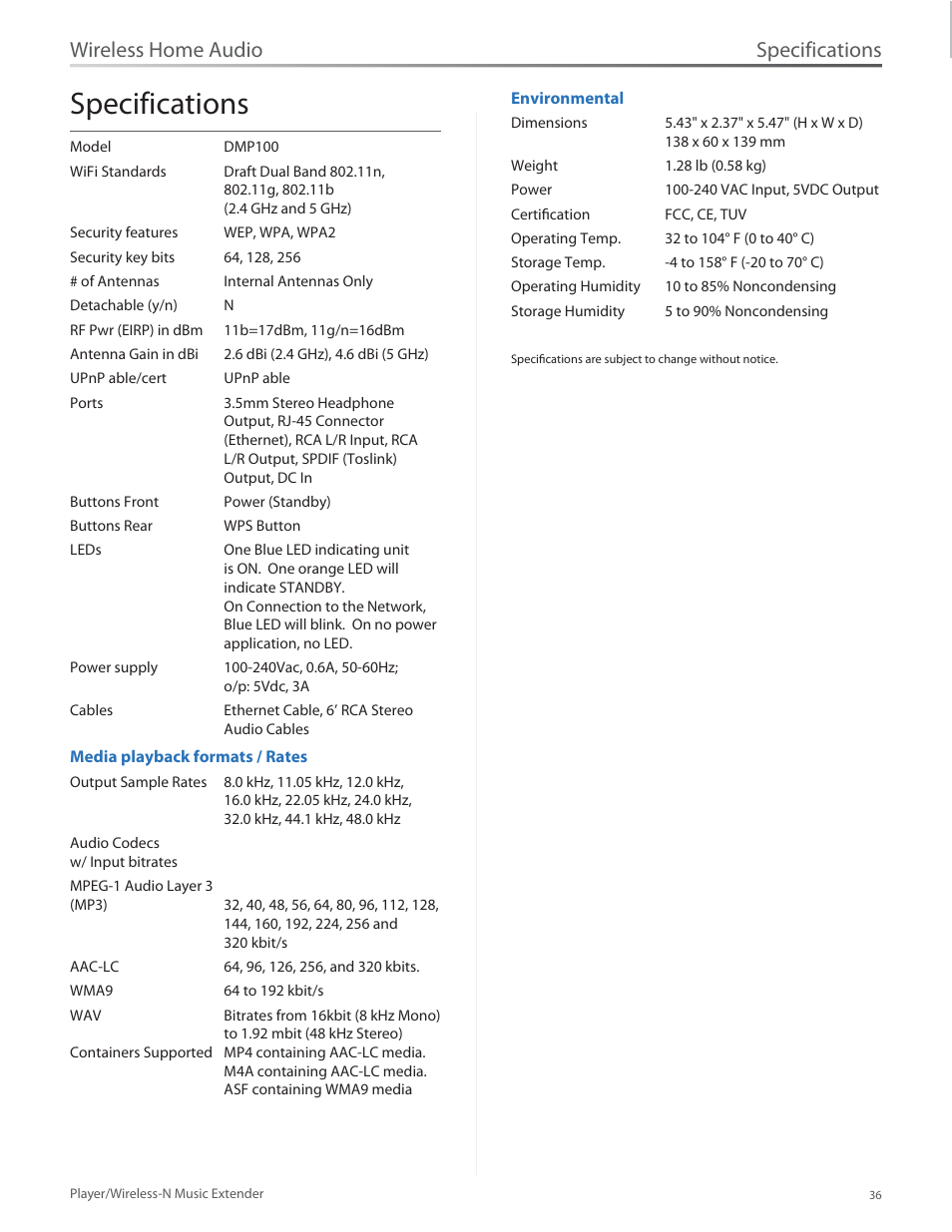 Specifications, Wireless home audio | Linksys Player / Wireless-N Music Extender DMP100 User Manual | Page 43 / 60