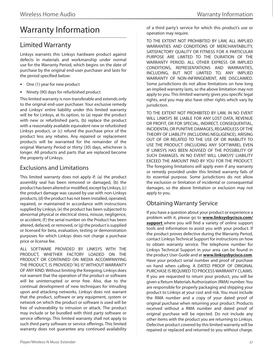 Warranty information, Limited warranty, Exclusions and limitations | Obtaining warranty service, Limited warranty 37, Wireless home audio | Linksys Player / Wireless-N Music Extender DMP100 User Manual | Page 44 / 60