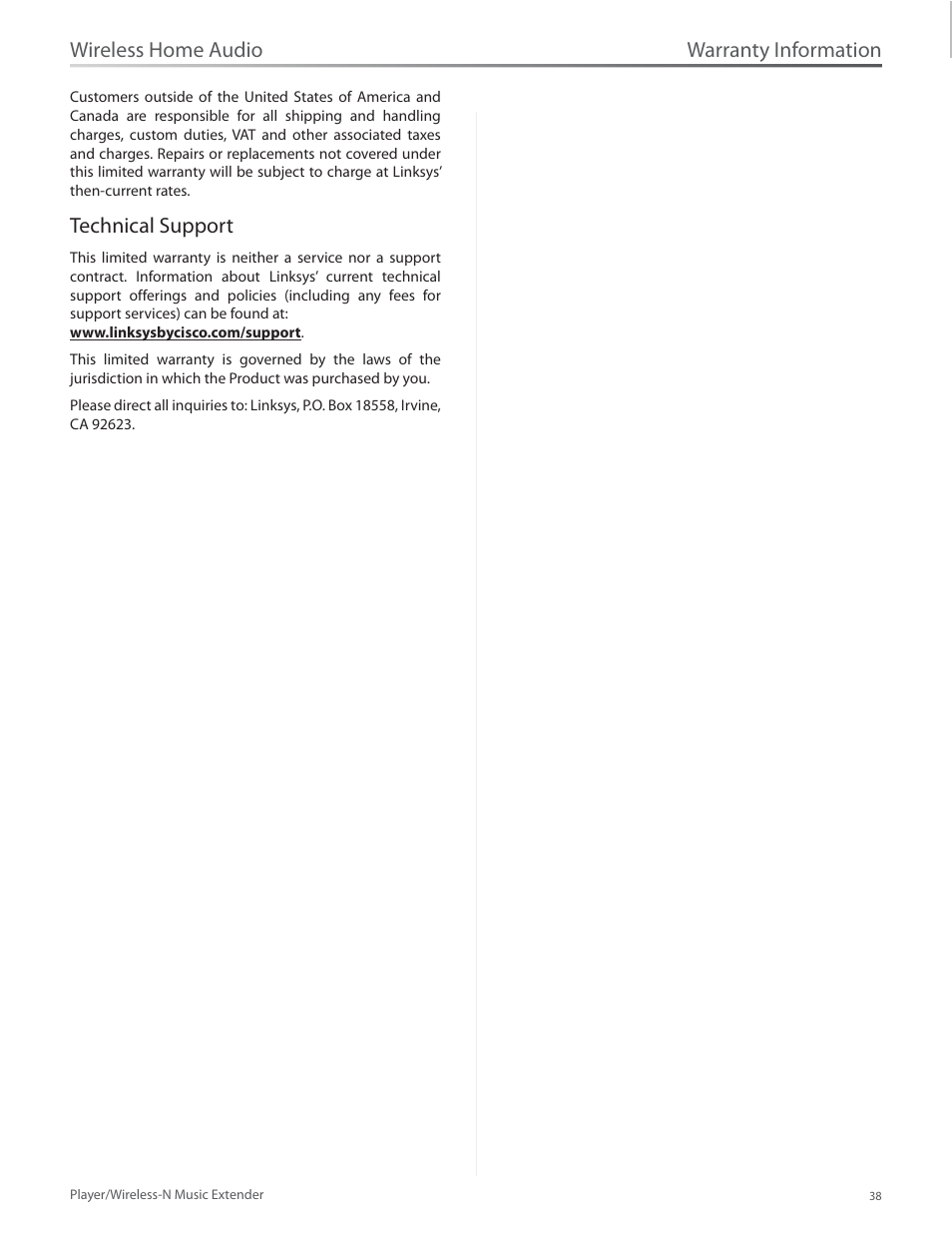 Technical support, Warranty information, Wireless home audio | Linksys Player / Wireless-N Music Extender DMP100 User Manual | Page 45 / 60
